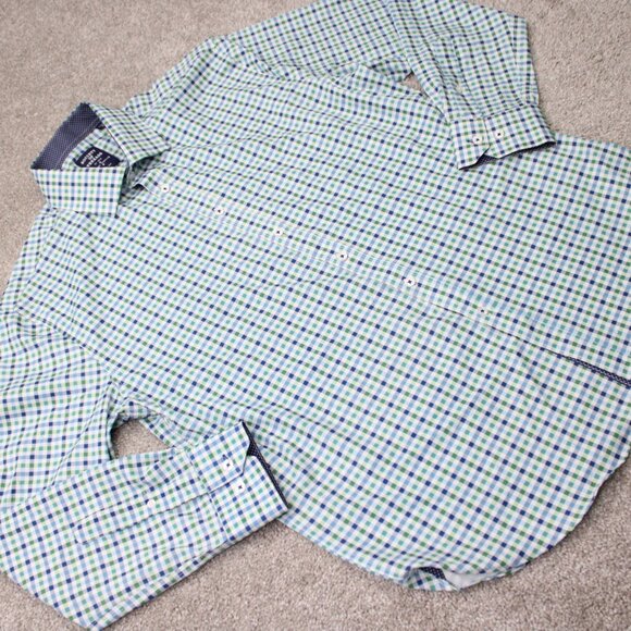 Society of Threads Flip Cuff Shirt Mens Large Green Slim 4 Way Stretch No Iron - Picture 7 of 14